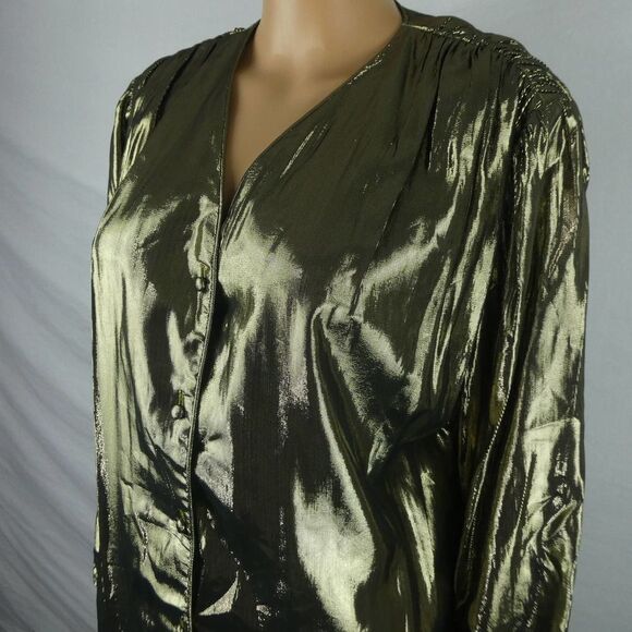 Helene St. Marie Vintage Metallic Gold Lame Button Up Blouse Shirt Size 12 - Picture 2 of 10